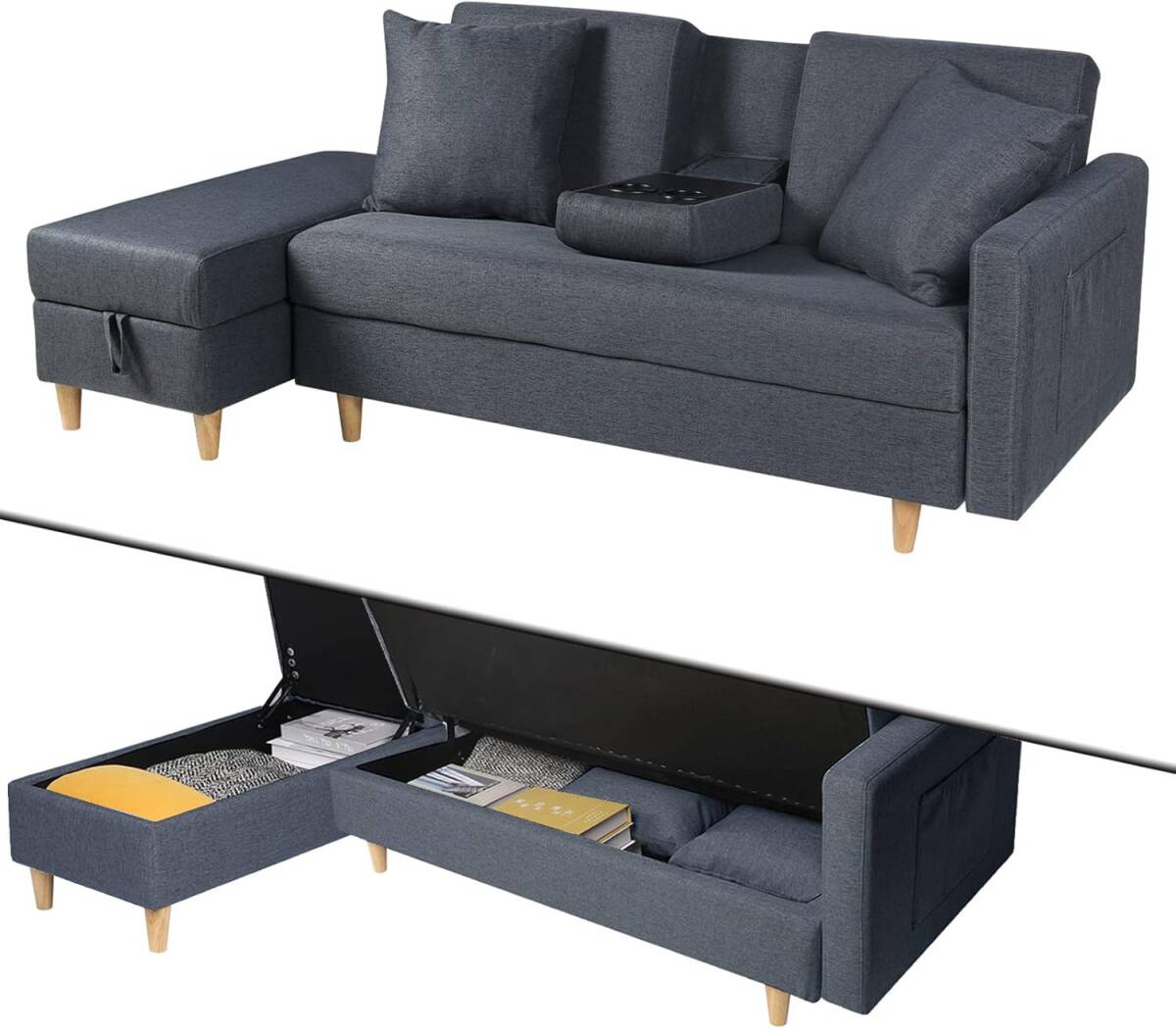 ソファー 3人掛け ソファベッド 大容量収納付き カウチソファー お洒落 多機能リクライニングソファ 一人暮らし (ブルーグレー)