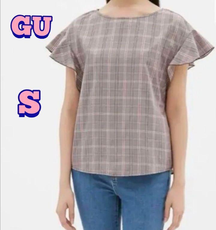 【GU】チェック フリルスリーブ 半袖ブラウス ダークブラウン S