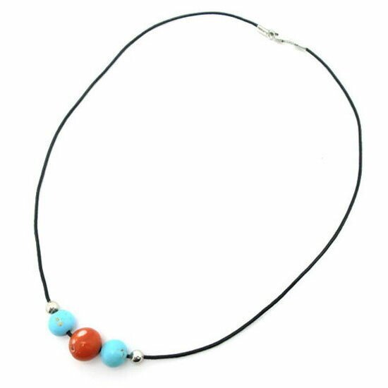 SV925 サンゴ・トルコ石 ネックレス 10.9g シルバー レザー レッド ブルー ブラック ジュエリー アクセサリー 送料880円