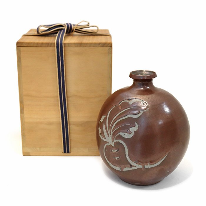 【骨董品】市野弘之 丹波焼 扁壷 花瓶 花器 花入れ 花瓶 延年窯 フラワーベース 野菜 鳥 陶芸品 陶器 古美術 ブラウン 共箱 陶歴書