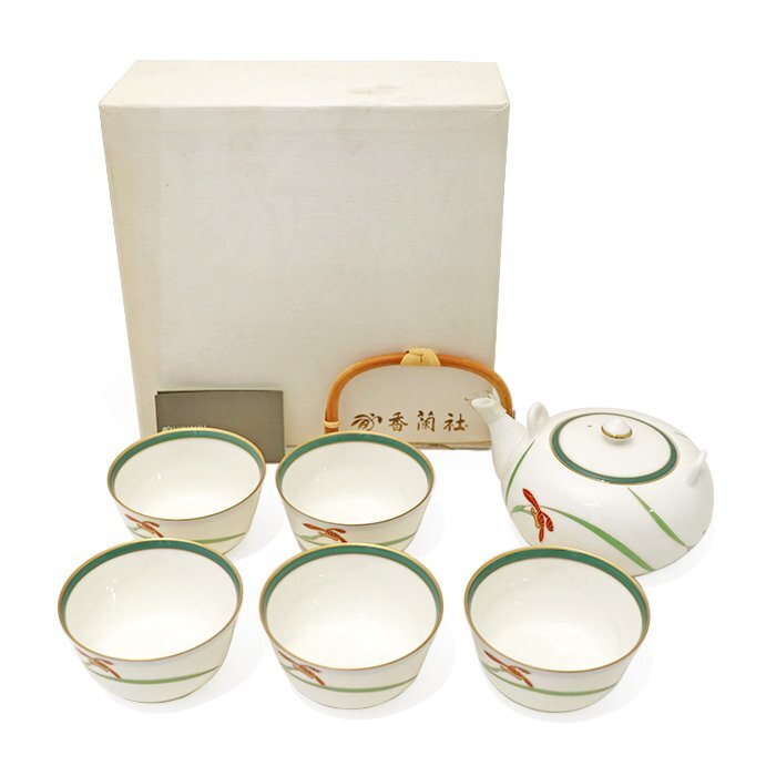 【未使用品/長期保管品】香蘭社(こうらんしゃ) 茶器 6点セット オーキッドレース 急須 湯呑み×5客 GB600A0Z 蘭 金彩 ホワイト グリーン 箱
