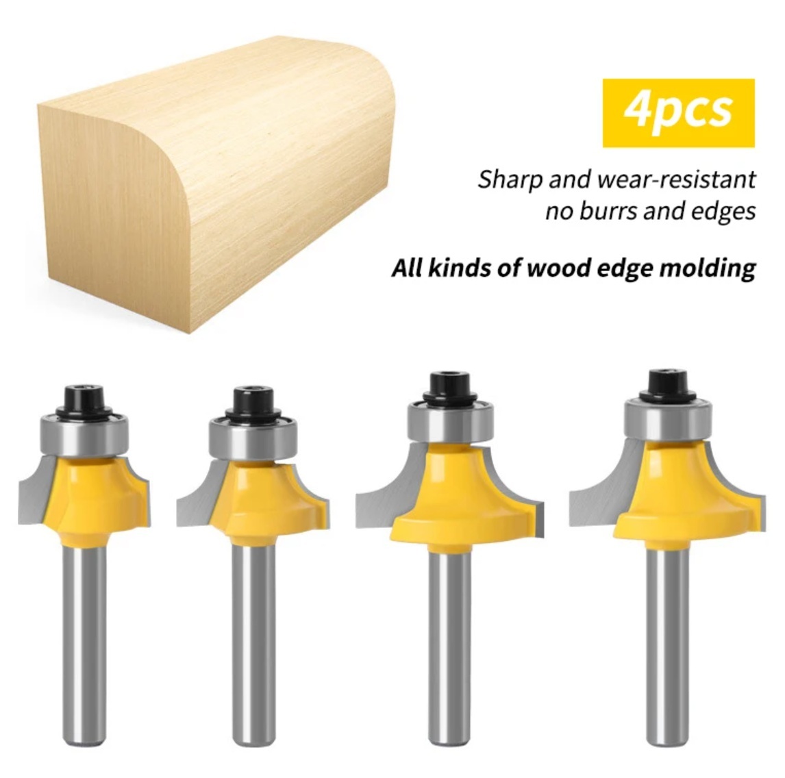 木工 溝ルータービット トリマー 軸シャンク6.35mm 1/4' カッター エンドミル コーナー 角 R加工 フィレット 4本セット