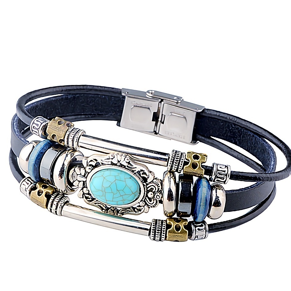 新品★送料無料★空色ブルートルコ石 シルバーロンデル木製 レザーブラックブレスレット 誕生日プレゼント連休旅行花見ギフト国内発送