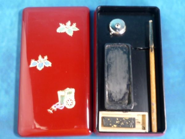 V093★【 書道具 】 昭和レトロ　文箱　漆塗硯箱　筆　硯　セット