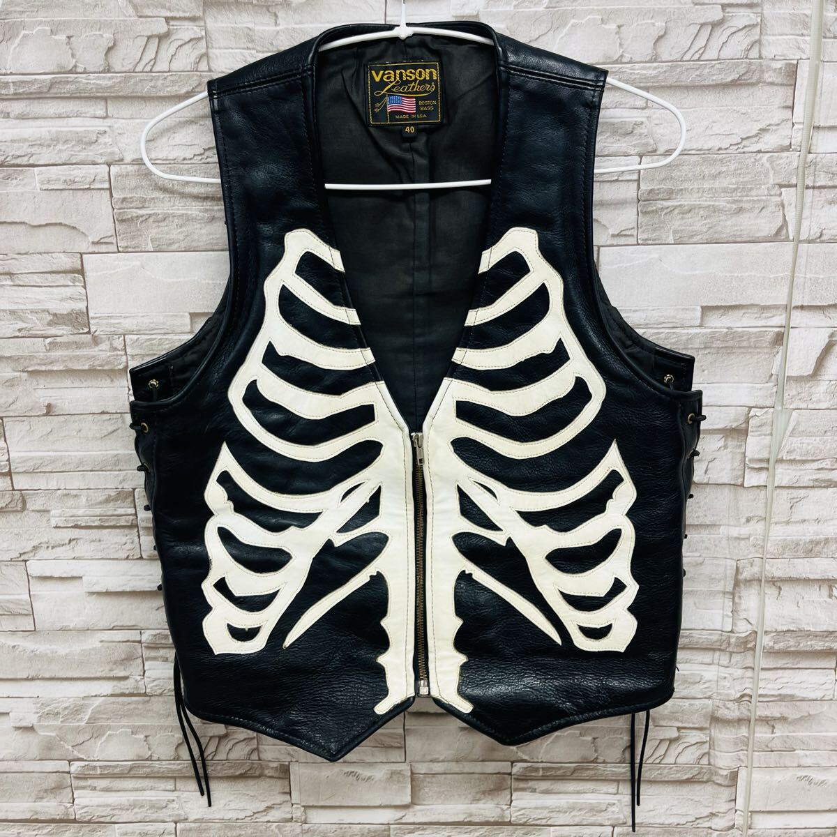 ☆希少☆ VANSON バンソン HUMAN BONE ヒューマンボーン サイドレースアップ レザーベスト USA製 ボーン ライダースベスト ビンテージ