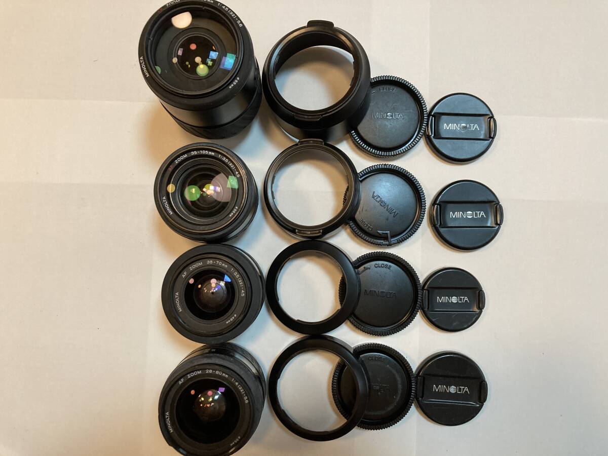 ミノ5) MINOLTA AF ズームレンズ 4本セット 純正キャップ フード付 28-80mm 35-70mm 35-105mm 100-300mm 広角 望遠 初心者 おすすめ 