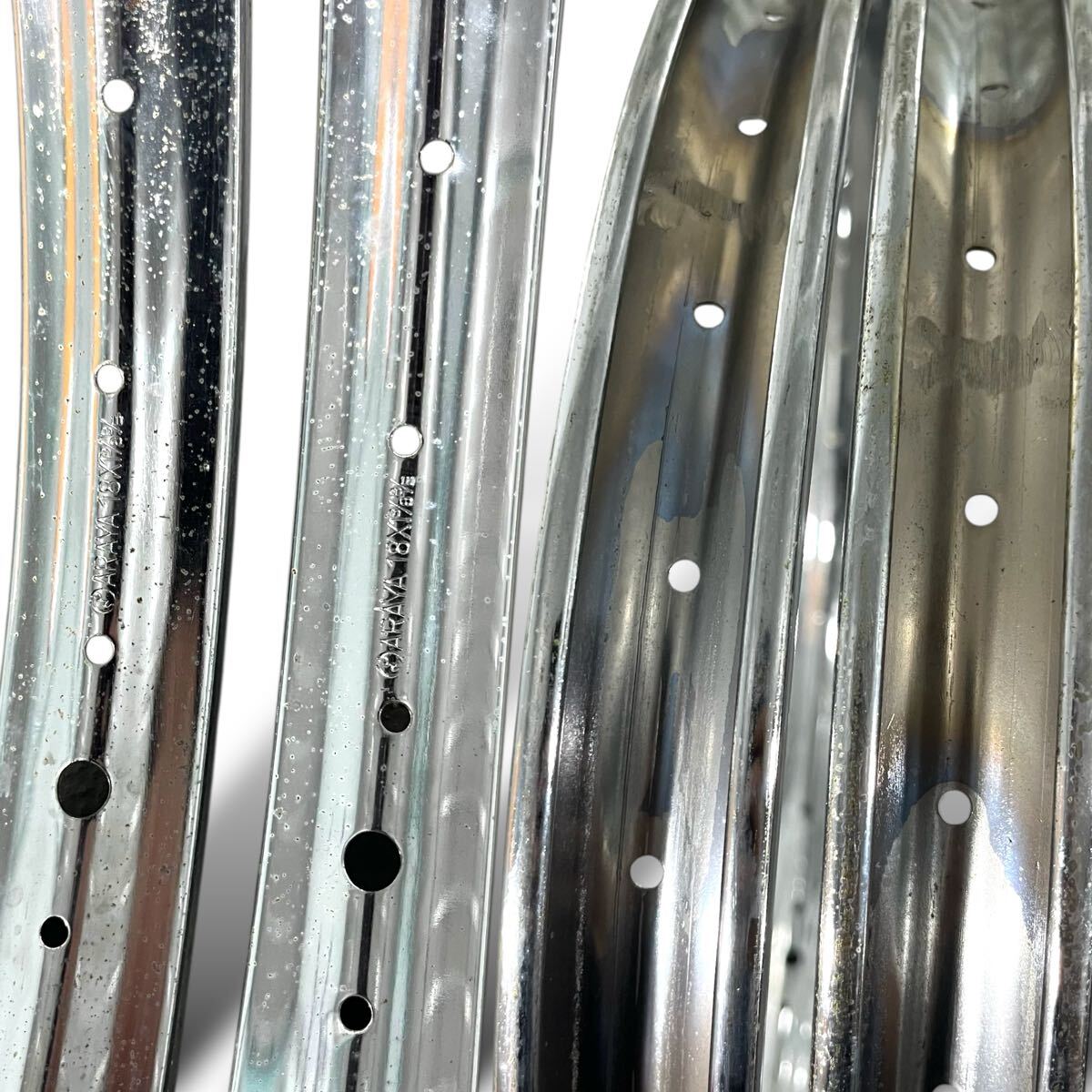 当時物/未使用/新家/ARAYA/鉄製/BE/リム/18×1 3/8/メッキ/実用車/運搬車/小径車/デコチャリ/フラッシャー/耳付きタイヤ/スポーク付/レトロ