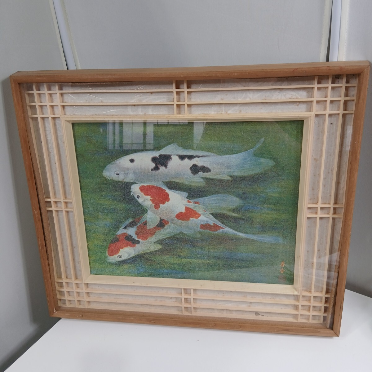#297 春杏/錦鯉/絵画/ガラスビーズ絵/ 風景画 アート 額装/和歌山県にて引き取り大歓迎