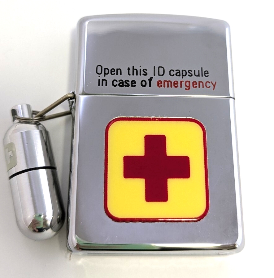 【Zippo】【未着火】ジッポーライター◆エマージェンシーIDカプセル付赤十字Zippo◆光る◆新夜光　1995年3月製造