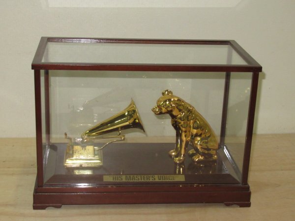 希少品 Victor ビクター 「HIS MASTER'S VOICE 」ニッパー 犬 置物 非売品 ゴールドカラー ガラスケース入り