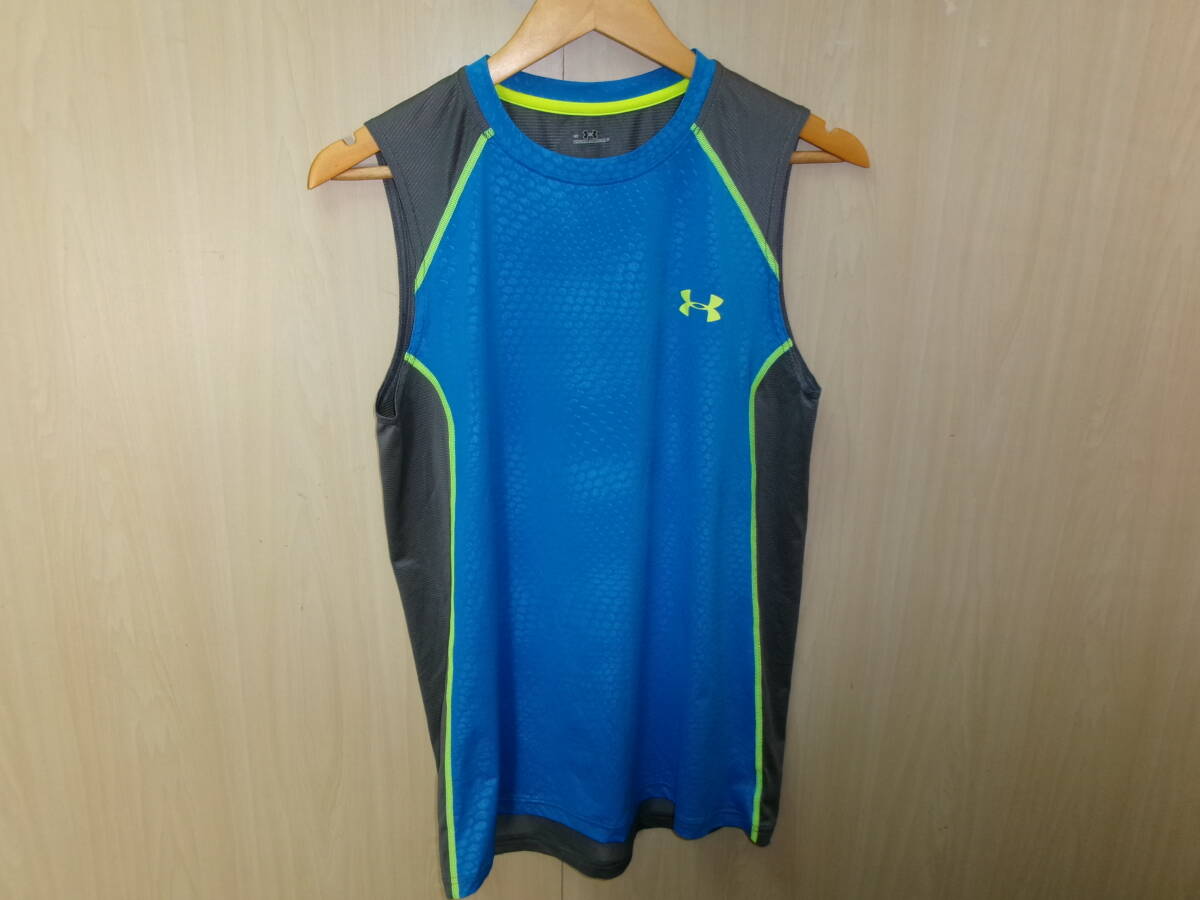 B0367:UNDER ARMOUR ランニング ノースリーブ シャツ LG ライトブルー ストレッチ スポーツ トップス メンズ タンクトップ：35