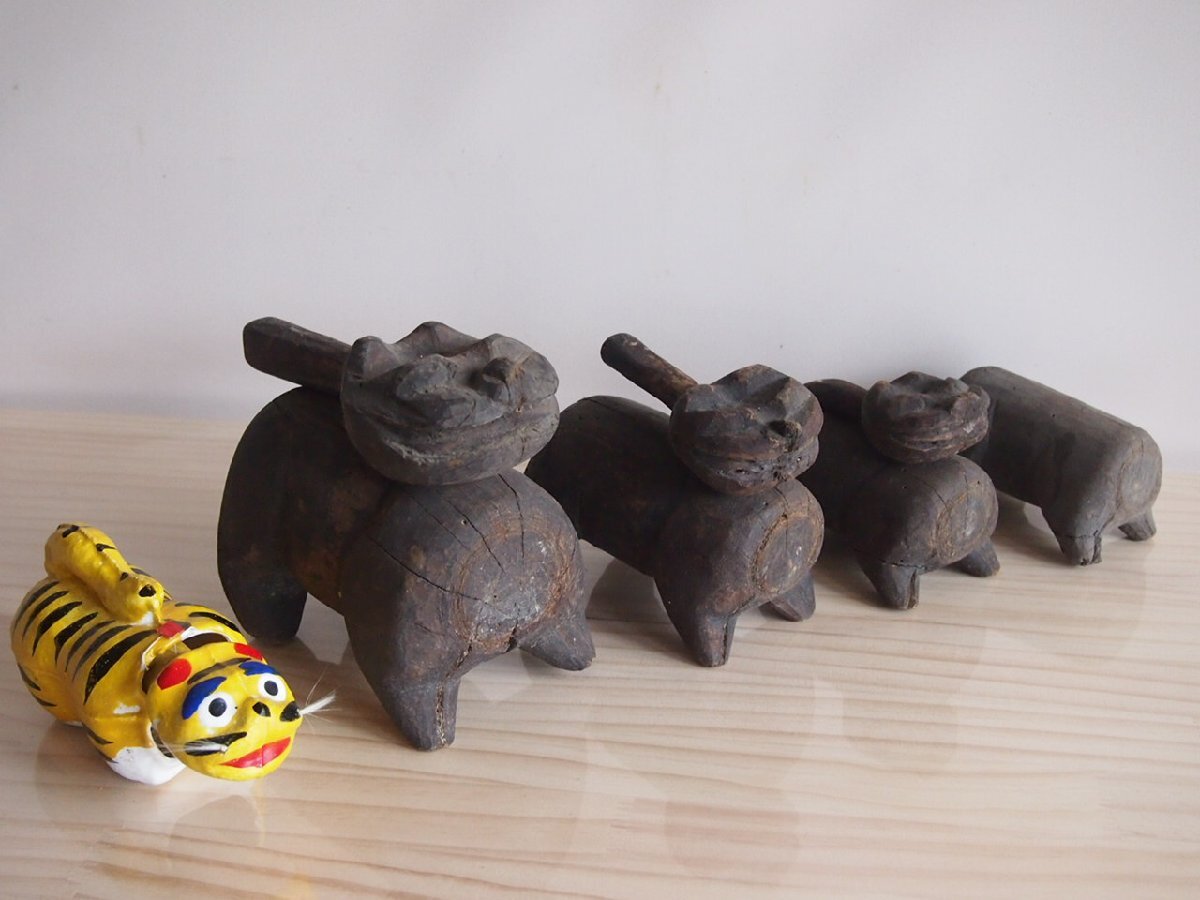 用の美 希少 明治時代 虎張子木型4種＋張り子虎1種 郷土玩具 埼玉 越谷 舟渡 亀戸 赤べこ 古民藝 古道具