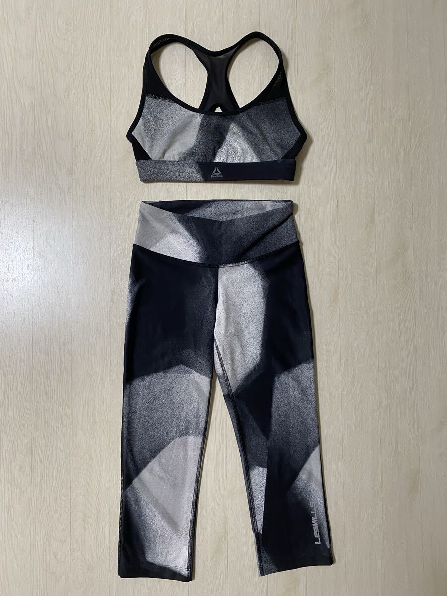 Reebok レズミルズ　Les Mills リーボック　クロップド丈レギンス＆トップス2点セット　タイツ　タンクトップ　ブラック×ホワイト　黒×白