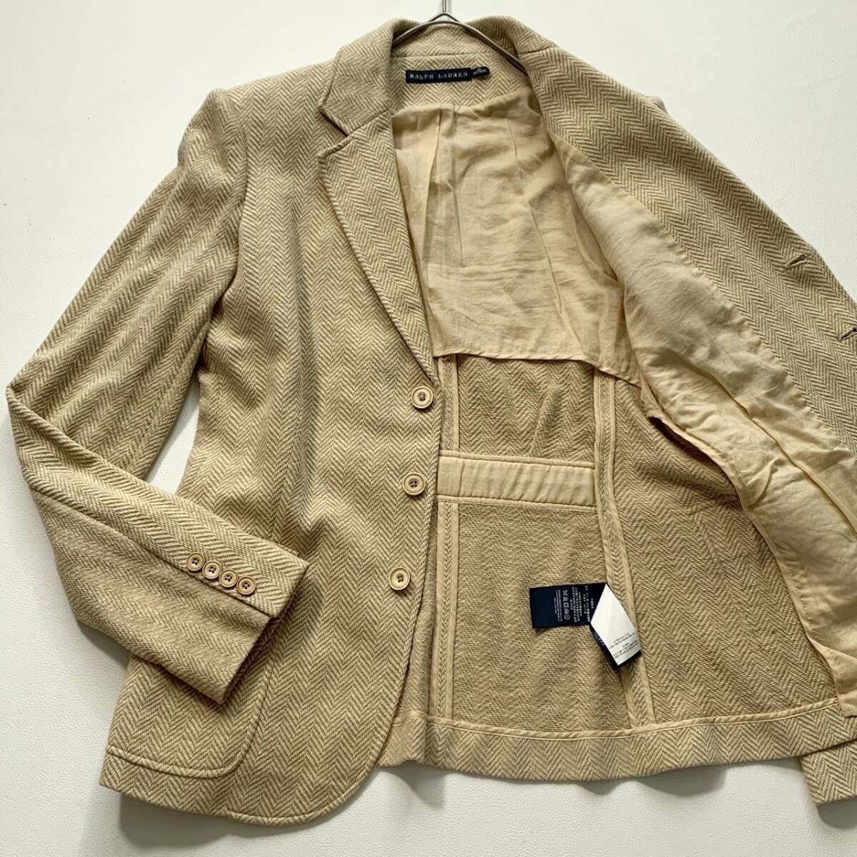 【上質な着心地 】 RALPH LAUREN ラルフローレン ヘリンボーン柄 テーラードジャケット シルク混 秋冬 ベージュ キャメル M相当 カジュアル