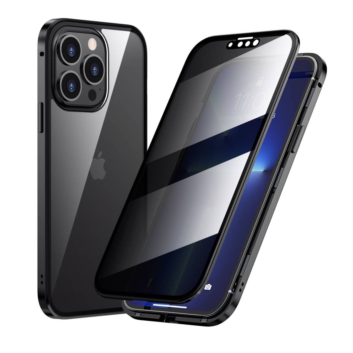 iPhone 14Promax ブラック 覗き見防止 両面強化ガラス 全面保護 アルミ金属 磁石 耐衝撃 iPhone 11 12 13 14 15 Pro max mini Plus ケース 