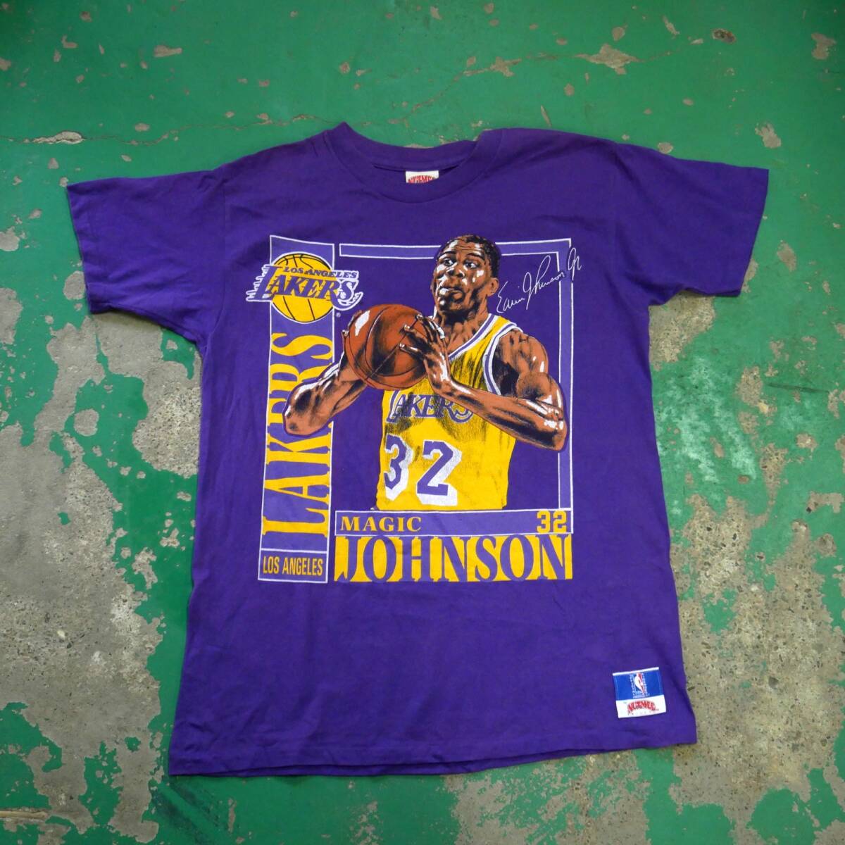 37W 90s マジックジョンソン Tシャツ S/S TEE Magic Johnson レイカーズ NBA スポーツ系 USA製 Lサイズ VINTAGE ビンテージUSA古着