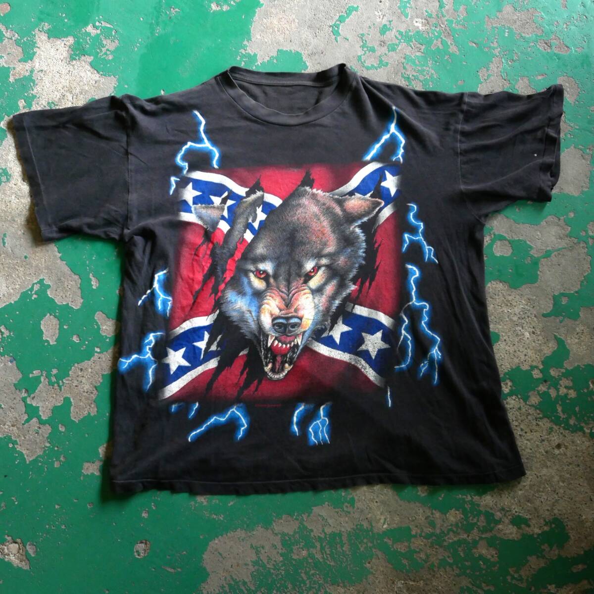 37W 90s AMERICAN THUNDER ウルフ Tシャツ S/S TEE アメリカンサンダー 両面 プリント VINTAGE ビンテージUSA古着