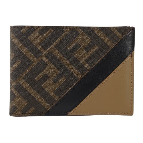 【未使用】 FENDI フェンディ 二つ折り財布 ダイアゴナル ズッカ柄 レザー ブラウン 札入れ カードケース スリム 薄型 冊子 保存袋付き
