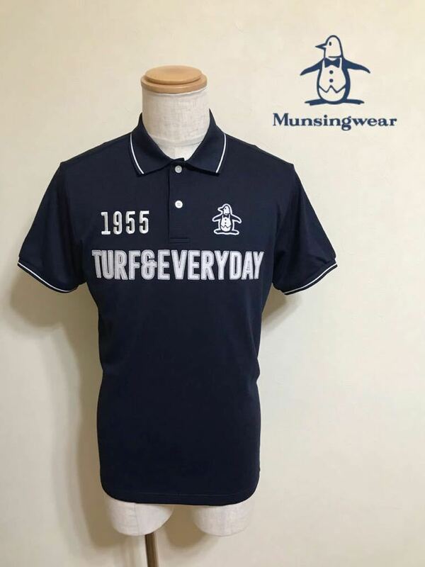 【美品】 Munsingwear golf マンシングウェア ゴルフ ウェア ドライ ポロシャツ ビッグロゴ ワッペン トップス サイズL 半袖 紺 MGMLJA32