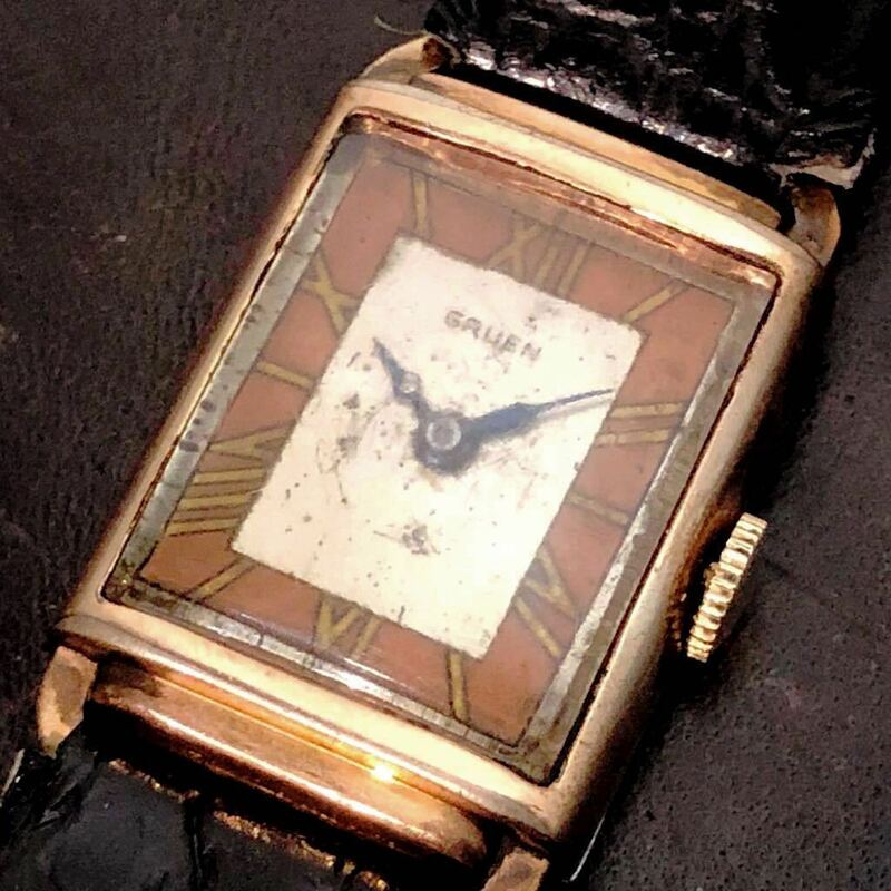 【即決】GRUEN vintage wristwatch グリュエン アンティーク ビンテージウォッチ レクタンギュラー 2針 手巻き機械式 年代物 中古腕時計