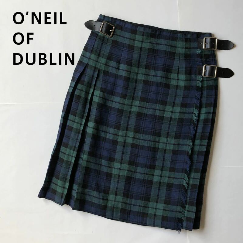 O'NEIL OF DUBLIN オニールオブダブリン リネンラップスカート タータンチェック ブラックウォッチ ネイビーグリーン ベルト 巻きスカート