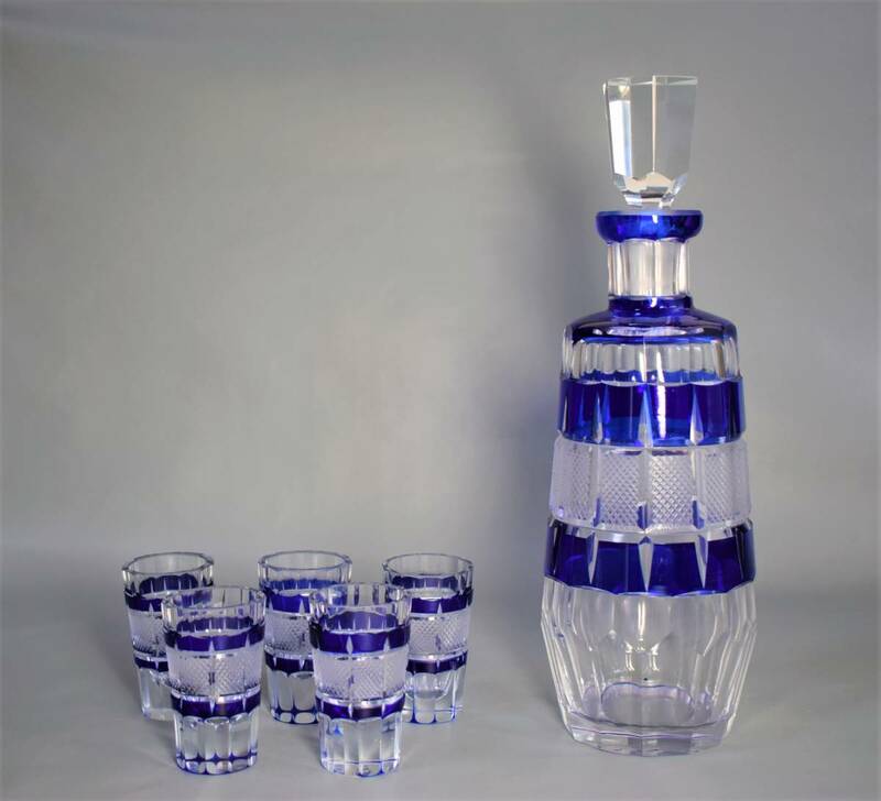 昭和二十六年　ショットグラス　デキャンタ　Shot glass & bottle　ボトル　青切子　カットガラス　盃 冷酒　検索:昭和レトロ　ウイスキー