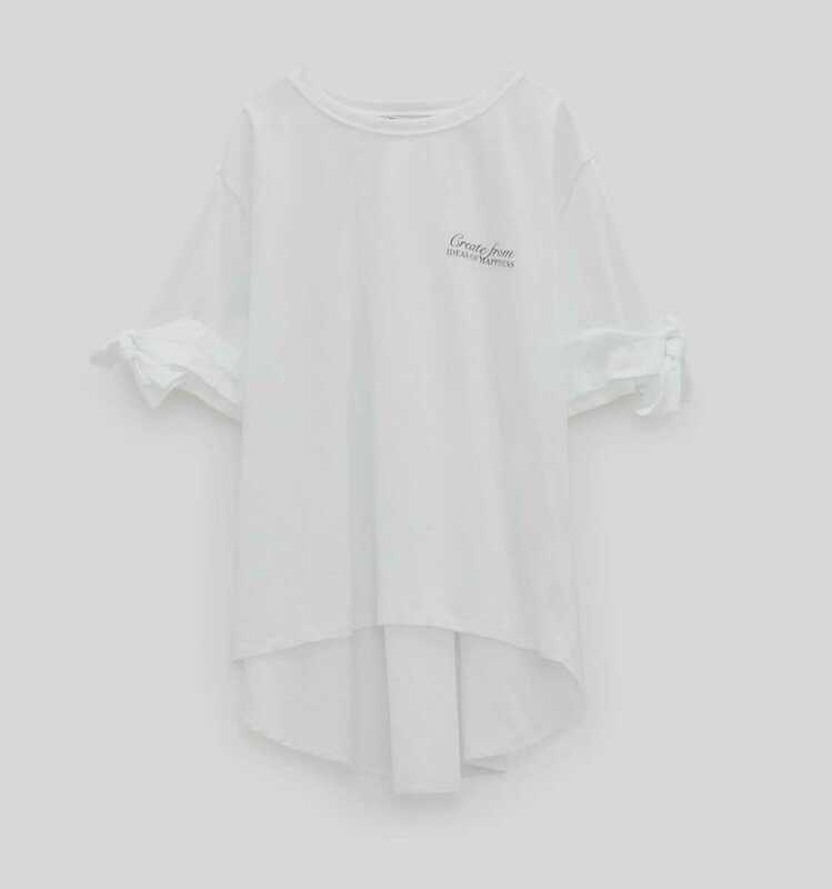 ☆ZARA☆コントラストテキストプリント入りＴシャツ☆Lサイズ☆バックブラウス・袖リボン☆