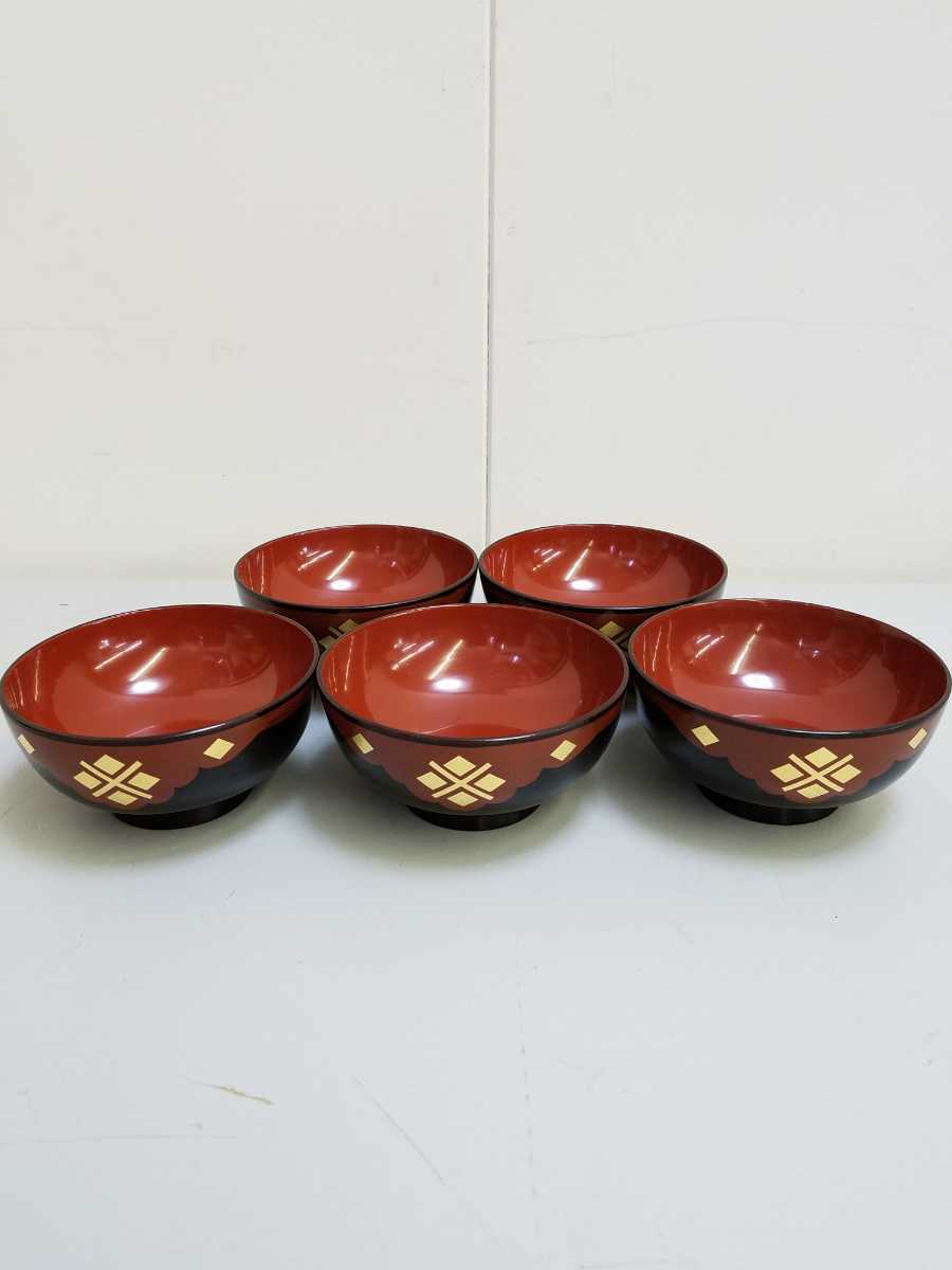 展示品 未使用 秀衡作 汁椀 5客揃 黒内朱 木製 高さ約６㎝ お椀 漆器 伝統工芸 日本製 