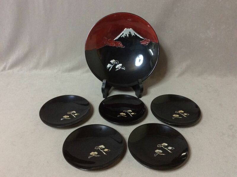 QE3729/漆器 会津塗 富士と松の図 螺鈿細工 菓子皿 銘々皿 セット 木製