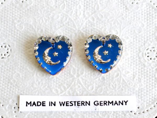 ☆レア☆ ブルー ムーン スター 三日月 ジャーマン ヴィンテージ ハート インタリオ ペンダント ドイツ製 ハンドメイドパーツ 15×14mm 2個