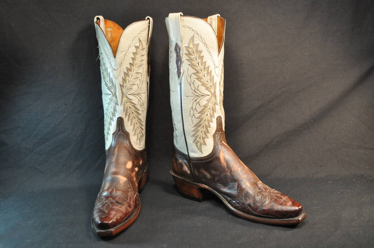 ルケーシー　LUCCHESE　ウエスタンブーツ　ダメージ加工　ビンテージ加工　濃茶牛革　ワニ革ウイングチップ/筒クリーム　8B