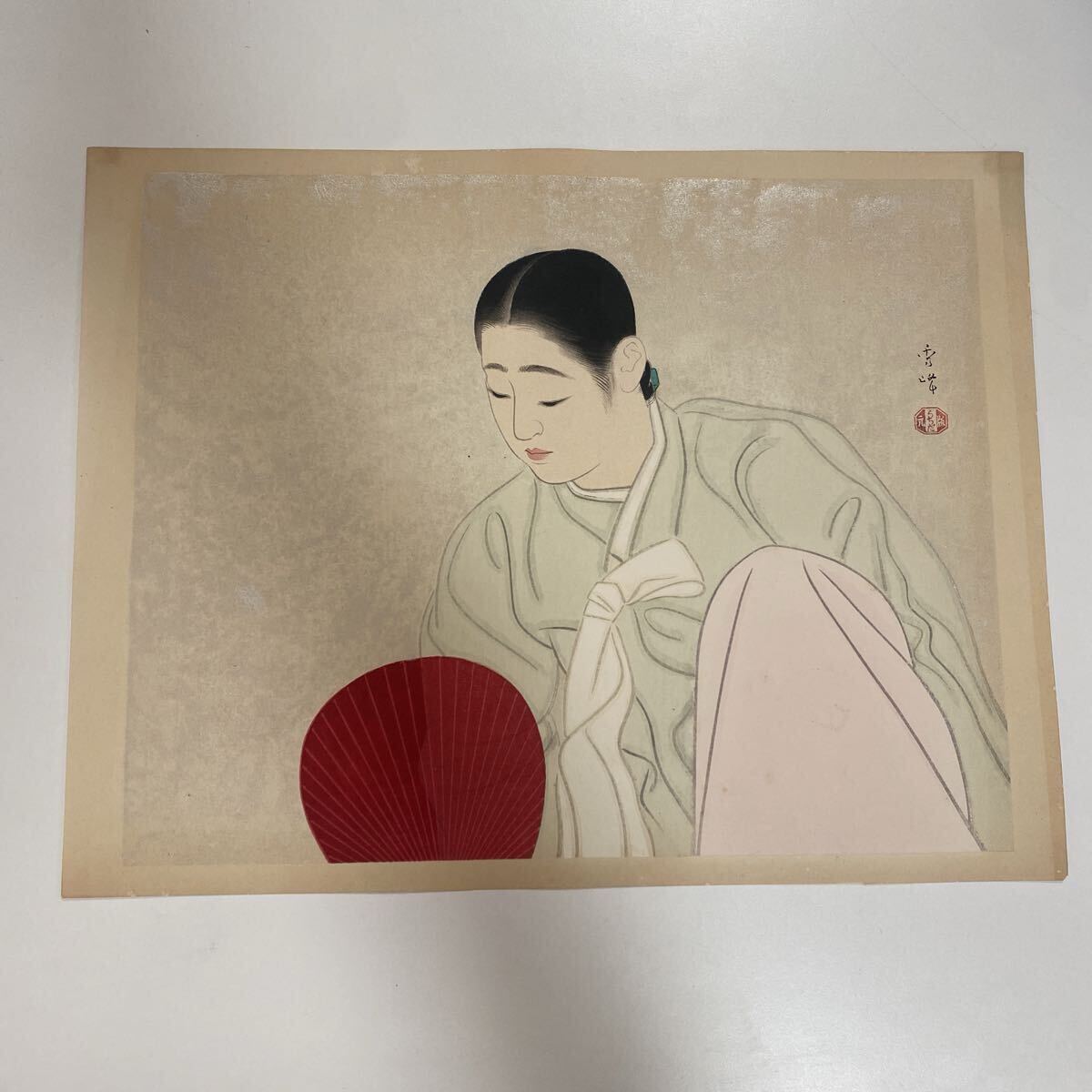 【真作】山川秀峰「朝鮮美人」版画 内田版 団扇 浮世絵 錦絵 木版画（22029）