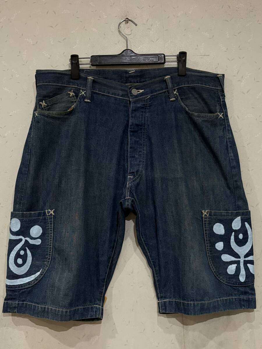 ※新 恵美寿神頭 EVISU エヴィス エビス カモメ＆道楽 ペイントセルビッチカーゴハーフショートデニム 日本製 大きいサイズ 36 BJBE.AJ