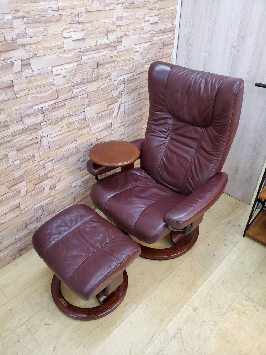 ① EKORNES エコーネス リクライニングソファー オットマン テーブル付 アームソファー ストレスレスチェア ブラウン レザー 検) ウイング