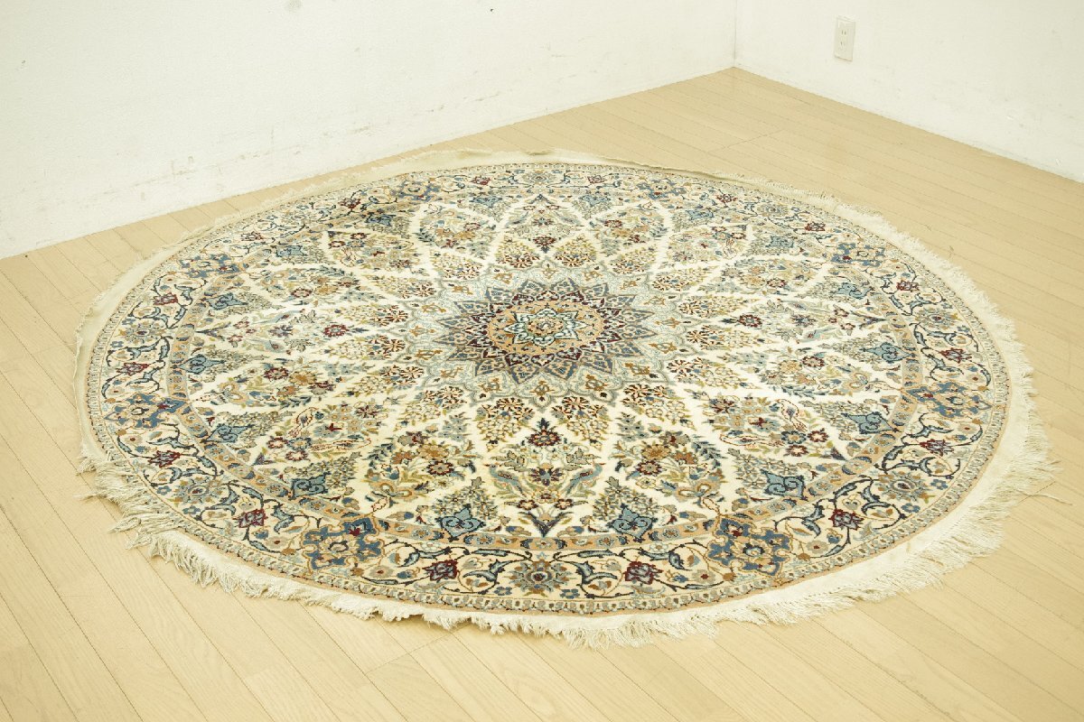 高級 ウール ペルシャ絨毯 メダリオン柄 円形 ラウンド カーペット 直径約190cm ラグ 手織り 小鳥 ハンドメイド ベージュ ナチュラル
