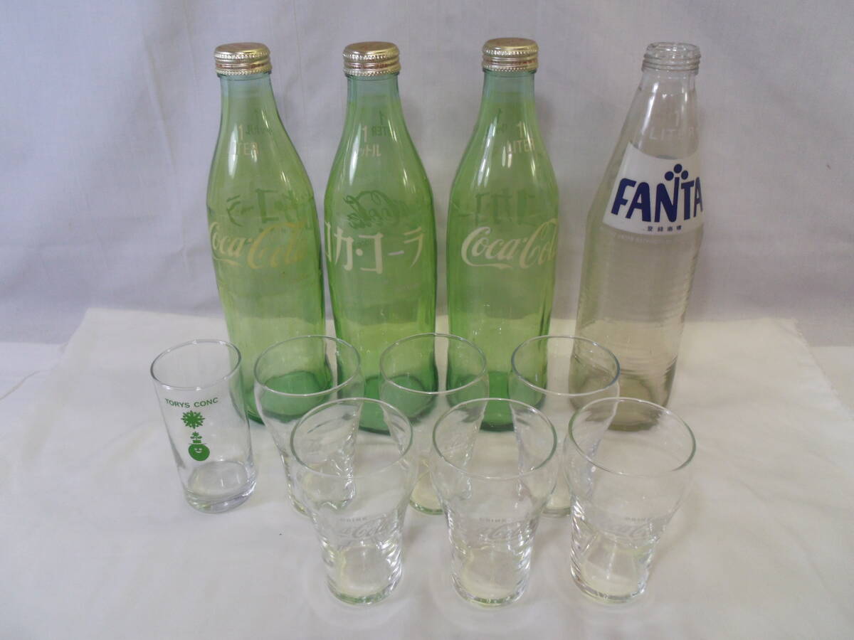 F68◇昭和のCoca-Cola コカ・コーラ FANTA ファンタ 1L 空き瓶 4本◇DRINK Coca-Cola グラス ６個◇おまけ付◇送料1100円◇