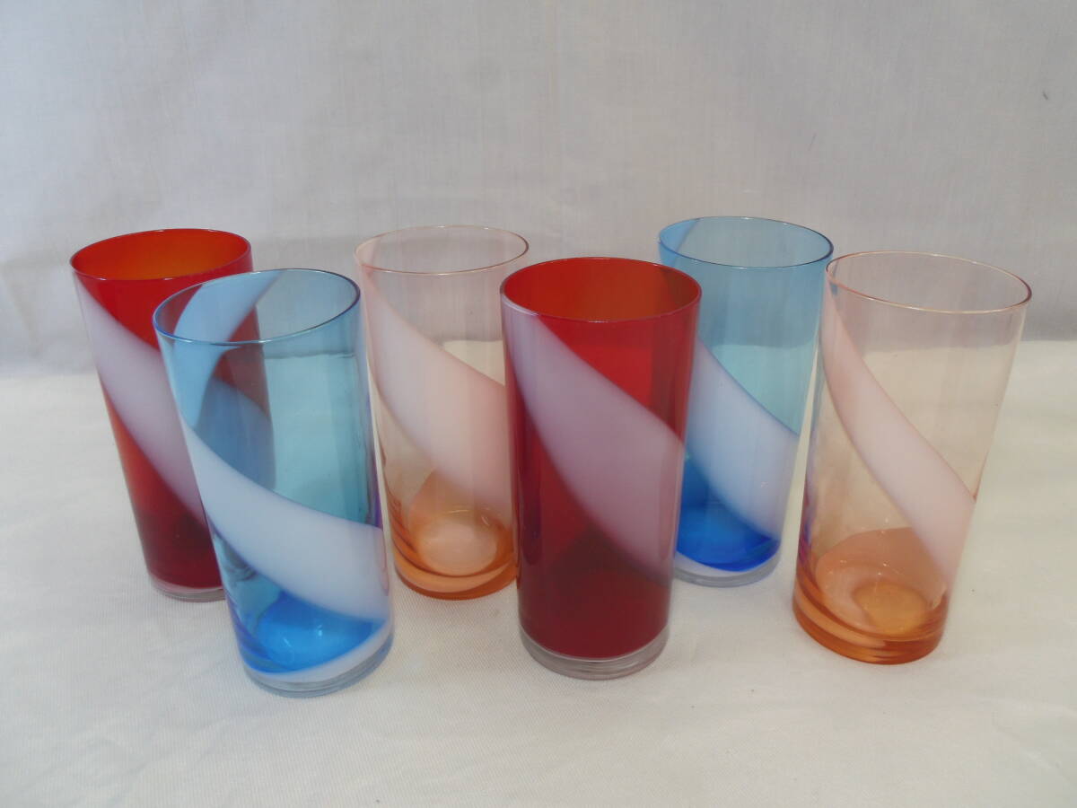 F79◇美品◇昭和レトロ 乳白 渦巻き グラス6個セット 赤・ピンクオレンジ・青◇ヴィンテージ当時物 ほとんど見かけない超希少品◇送料880円