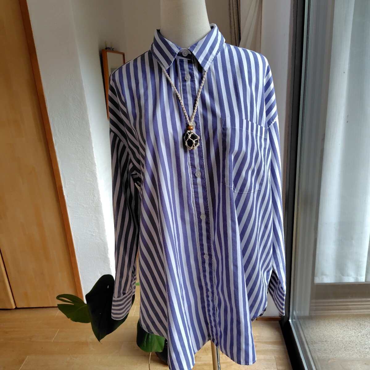 UNIQLO ユニクロ　 シャツカラー長袖チュニック/ブラウス　 美シルエット♪　XL 　ボーダー　スッキリ　細見え♪　美品☆