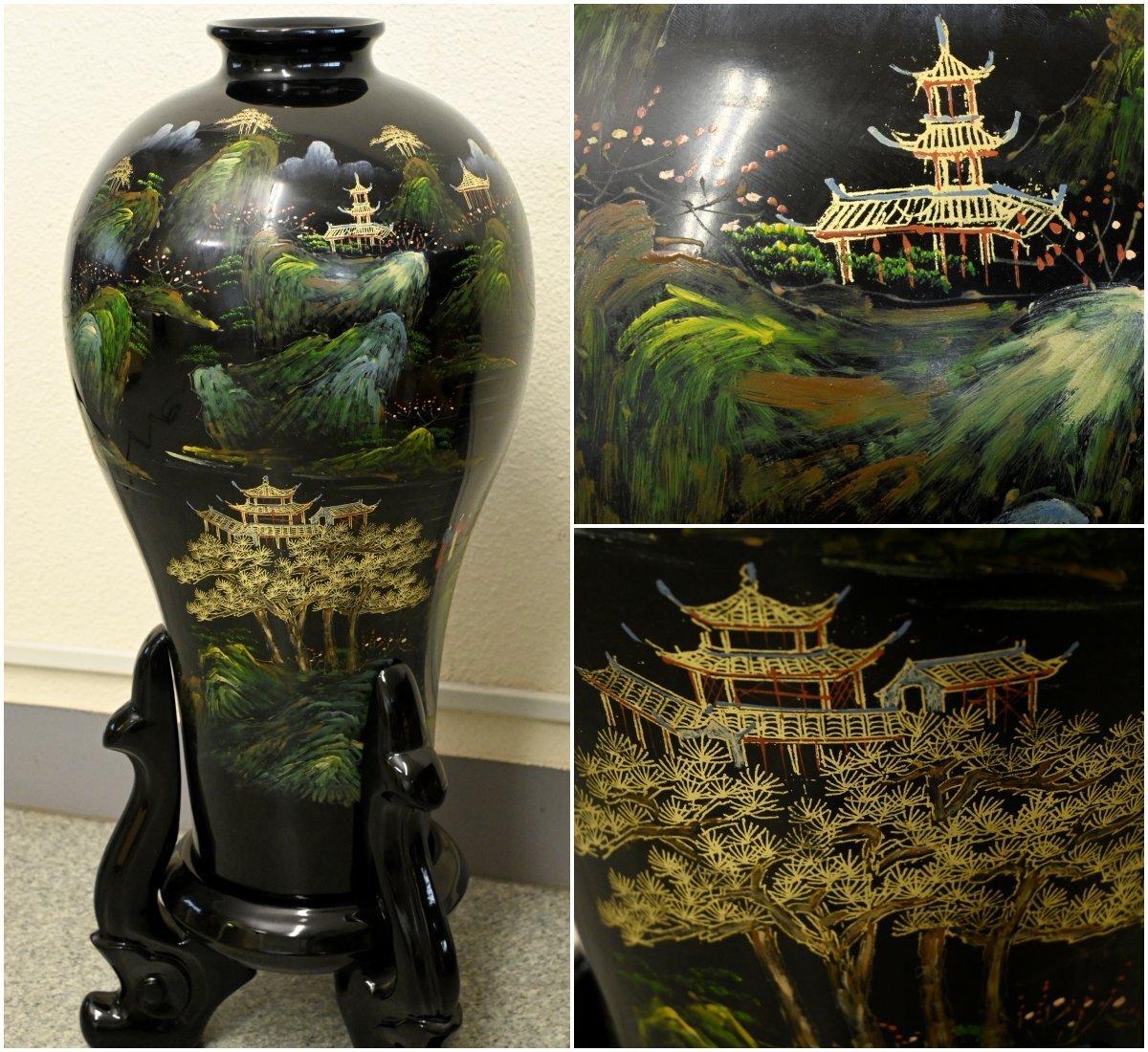 中国の古い漆器「乾漆山水花瓶」台座付き　唐物　置物　花器　花生　中国美術工芸品