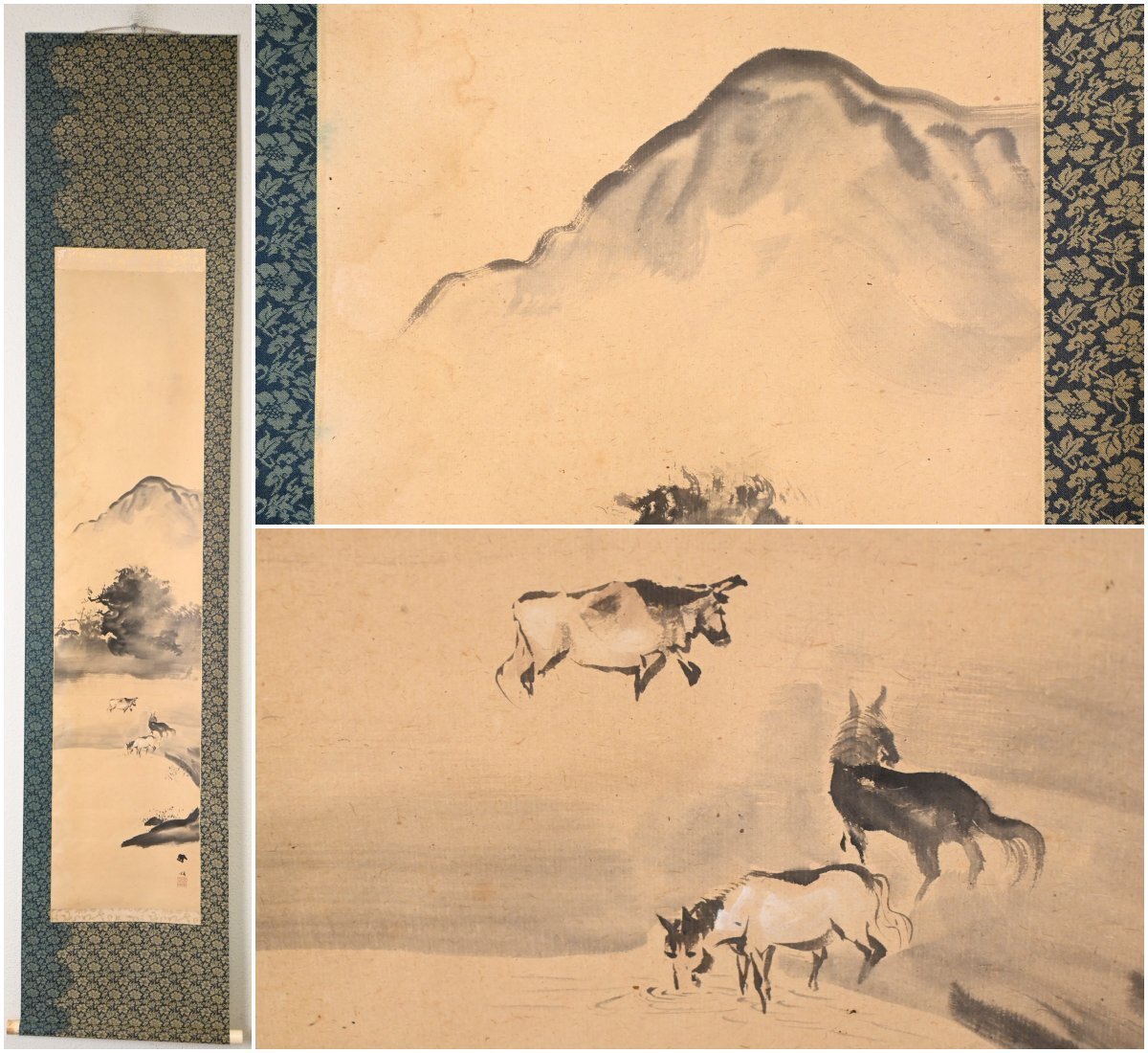 【真作】『村上鳳湖』松本楓湖 川合玉堂師事「山水牛馬之図」紙本軸装　掛軸　書画　日本画　日本美術品