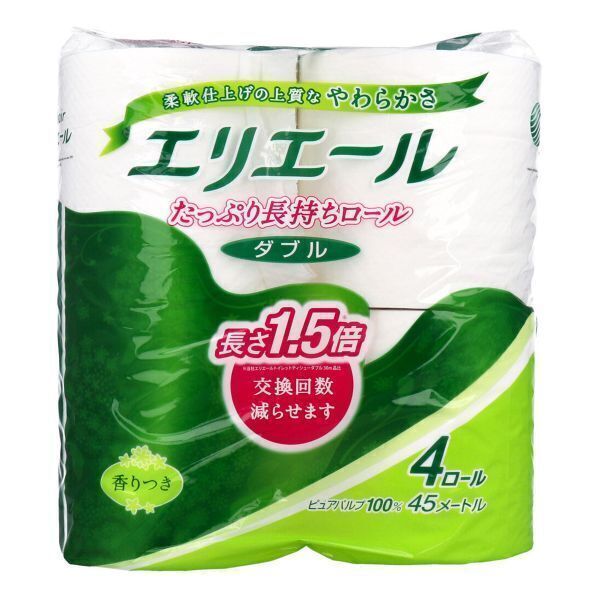 エリエール トイレットペーパー たっぷり長持ちロール コンパクト ミシン目入り パルプ100% ダブル45m 香り付き 4ロール入り X10パック
