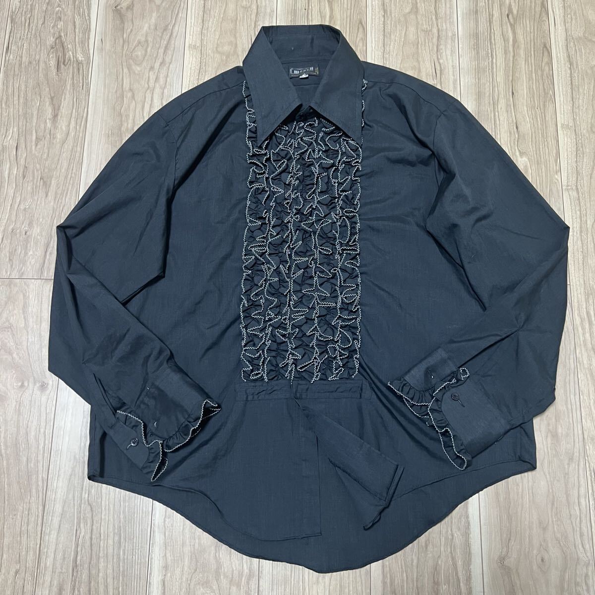 ★送料360円★70s ビンテージ moreⅡNEW YORK 長袖 ドレスシャツ フリル 黒 ブラック メンズ 古着 ヴィンテージ R-8269