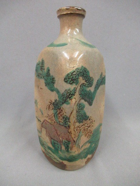 【時代物　色絵角徳利】高・１８cm　参考：鞆焼徳利　古い九谷焼　能登正院焼等