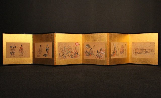 ☆成桂☆鯛よし百番　桃山殿図小屏風半双　(検)日本画 人物画 美人画 国際観光御殿 百番 桃山閣 金屏風 衝立