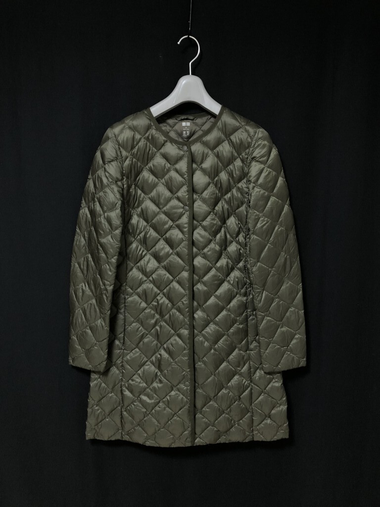 ◆UNIQLO ユニクロ ウルトラライトダウン コンパクトコート レディースM　カーキ　ノーカラー　ダイヤキルト