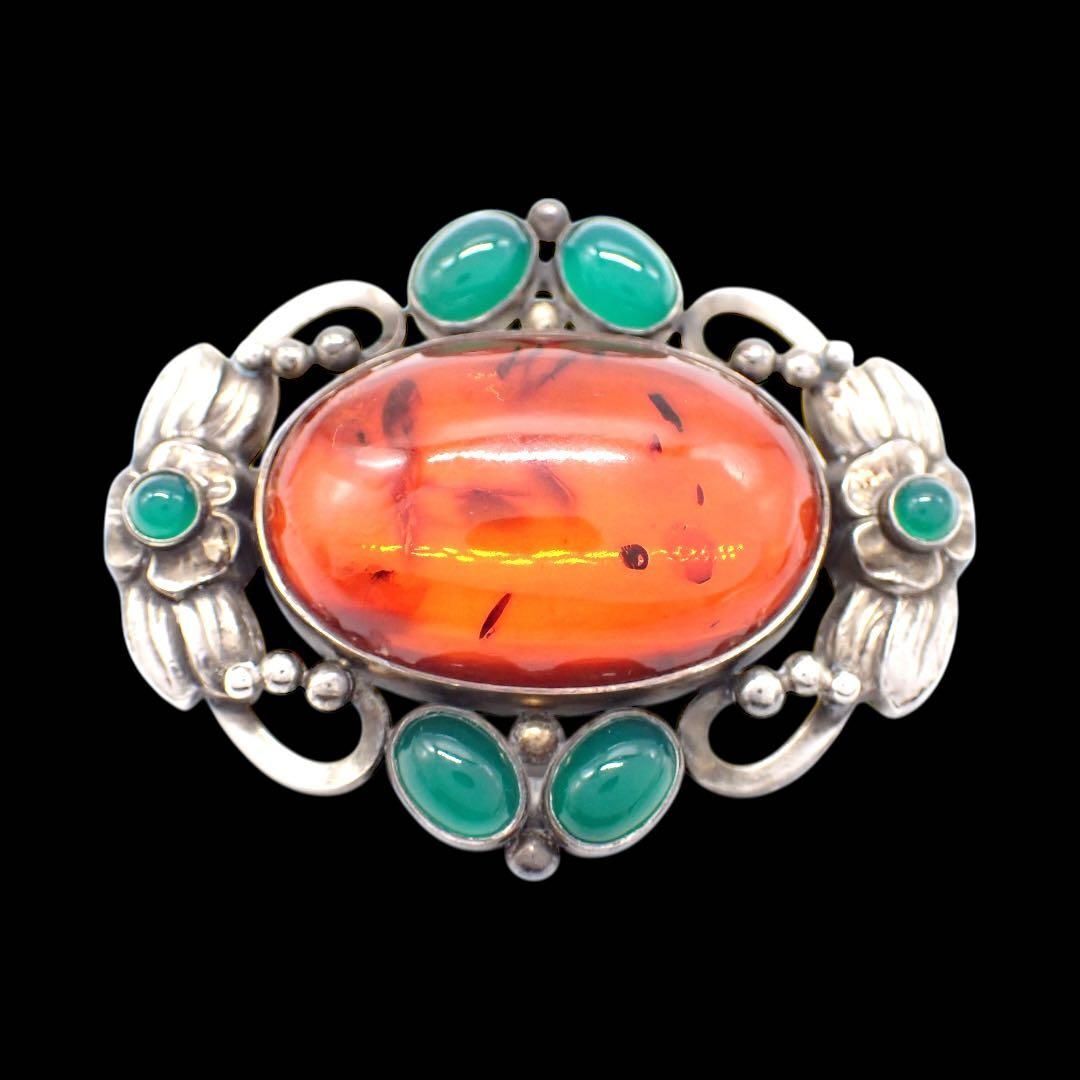Georg Jensen ジョージジェンセン #78 琥珀 グリーンアゲート ブローチ ピンブローチ 925 シルバー スターリングシルバー 4240