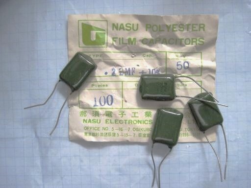 P0013　NASU　那須電子　フィルムコンデンサ　0.22μF　50V　未使用品ですが長期保存品　文字カスレ、汚れ有り　ジャンク品　4個セット