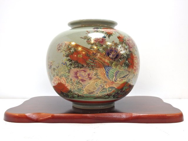九谷焼 金彩花鳥図 牡丹 雉 花瓶 花器 フラワーベース 飾り壺 花入れ 胴23×底11.5×口13×高さ22cm インテリア オブジェ 置物 陶磁器