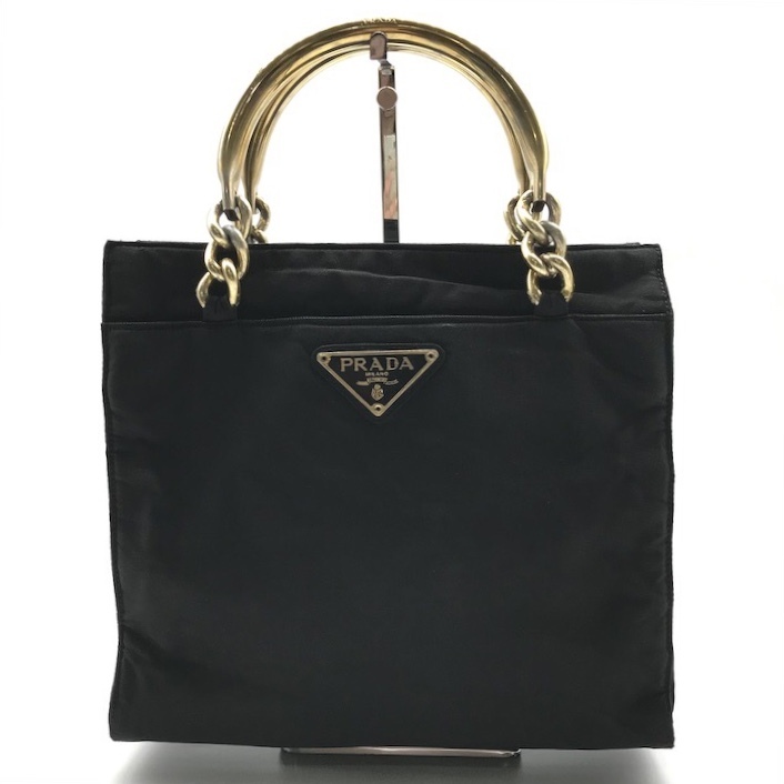 良品 PRADA プラダ 三角ロゴプレート ナイロン テスート メタルハンドル ハンド バッグ ブラック ブランド 鞄 m15067
