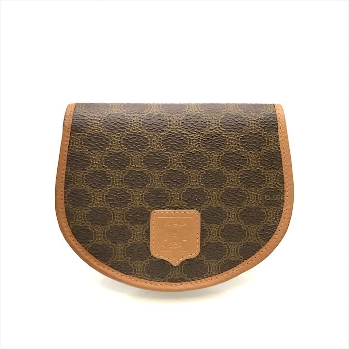 美品 CELINE セリーヌ マカダム柄 2つ折り 財布 ウォレット コインケース ブラウン PVC レザー レディース ブランド 小物 a10326